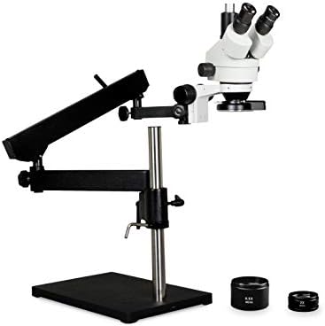 Parco Scientific Simul-Focal Trinocular Zoom Stereo Microscope,10xWF,0.7x4.5X Zoom,3.5x90x Magnification,0.5X&2xAux Lens,Articulating Arm Pillar Stand w/Base,144-LED 4-Zone Ring Light W/Control