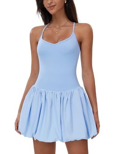 OMEWEE Tennis dresses for women: Ruffle Cami Bubble Dress with built in shorts and bra-for tennis, golf, gym blue S at Amazon
