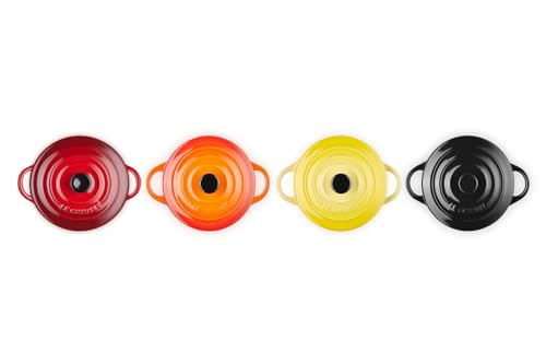 LE CREUSET 4er-Set Mini Cocottes aus Steinzeug, je 200 ml, 10 x 5 cm, Feuer und Flamme (Gelb/Kirschrot/Ofenrot/Schwarz), 79212105129100