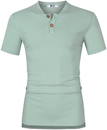 MrWonder Men's Casual Linen and Cotton V Neck Short Sleeve Henley T-Shirts (2XL, Light Green)