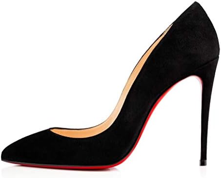 Christian Loubo Womens Pointed Toe and Superfine Stiletto 100MM Decoltish Black Suede Heel Sandals