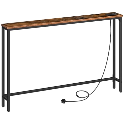 HOOBRO Extra Narrow Console Table with Power Outlets, 120cm Skinny Entryway Table for Living Room, Slim Console Table Behind Couch, Thin Sofa Table for Hallway, Foyer, Rustic Brown EBF15KXG01G1