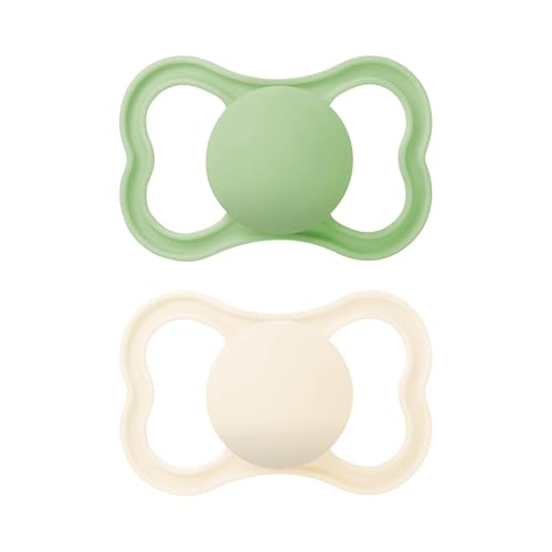 MAM Air Succhietto 6-16 Mesi (Set da 2), Ciuccio MAM 6-16 mesi per pelli sensibili e delicate, Kit 2 accessori neonato con tettarella in caucciù naturale e porta ciuccio sterilizzatore, Crema/Verde