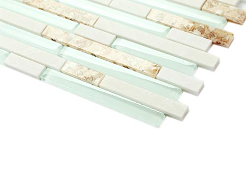 Beach Style Glass Tile Mother of Pearl Shell Resin Kitchen Backsplash Green Lake White Stone Interlocking Art Tile TSTMGT084 (10 Square Feet )