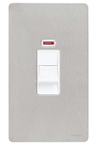 Schneider Electric GU4421WSS Ultimate schraubenlose flache Platte, Doppel-Kontrollschalter mit Neon-Anzeige, doppelpolig, 50 AX, Edelstahl mit weißem Einsatz