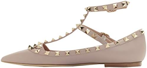 Syneyena Women Pointed Toe Studded Strappy Leather Flats Sandals