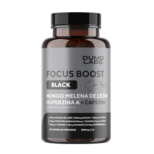 Dumo Focus Boost Black | Nootrópico Natural con Melena de León, Bacopa, Cafeína y Huperzina A | Energía Mental, Enfoque y Rendimiento Diario | 60 Cápsulas Veganas sin Gluten | 1 mes de consumo