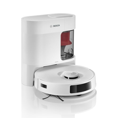 Bosch Spotless + BCRD1W Saugroboter mit Wischfunktion, 11.000 Pa Saugkraft, Wischpad, Trocken-Servicestation, Smart Vision Navigation mit Infrarot-Licht, Steuerung per App, weiß