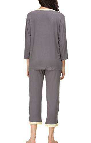 Invug Women 3/4 Long Sleeve Shirt Pants Set Sleepwear V Neck Long Pajamas Loungewear Grey XL