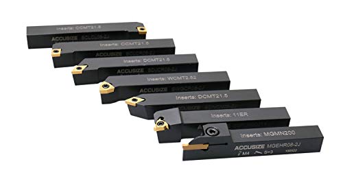 Accusize Industrial Tools 7 Pieces/Set 1/2'' Indexable Carbide Turning Tool Set with 10 Extra Carbide Inserts in Fitted Box, 2387-2004plus
