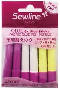 Sewline FAB50062 Refill for Textile Glue Stick Water-Soluble, 6 Pieces: 2 x Blue; 2 x Yellow; 2 x Pink, Blue, Yellow, Pink