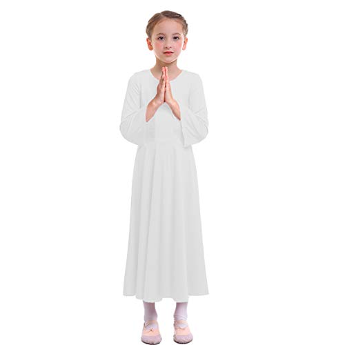 MYRISAM Kids Girls Praise Dance Robe Liturgical Solid Color Bell Sleeve Dress Full Length Loose Fit Worship Costume White 8-9T - Thumbnail 2
