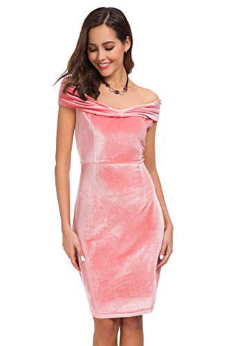 Womens Vintage Off Shoulder Shawl Velvet Bodycon Dresses Sexy Midi Slim Fit Dress for Party Cocktail Formal Evening Wedding Gowns Pink