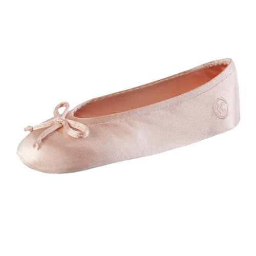Isotoner Chaussons ballerines en satin pour femme avec nœud et semelle en daim, Nœud souple de couleur sable du soir, 35.5/36.5 EU