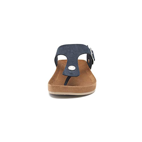Women's T-Strap Thong Sandals Buckle Slip On Flip-Flops Beach Casual Platform Footbed Slippers (6, Navy)