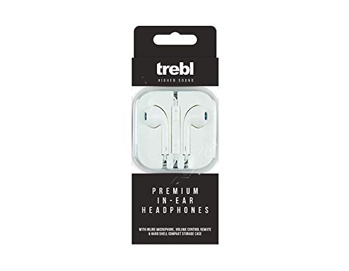 trebl White Stereo In-Ear Headphones Set, 6cm x 6cm x 2cm - Inline Microphone, Volume Control Remote, Compact Storage Case, Compatible with Phones, Tablets, Computers