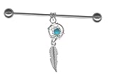 Tiny Turquoise Color Dream Catcher Industrial Barbell 14g-16g-Dangle Feather-Steel Industrial Earring