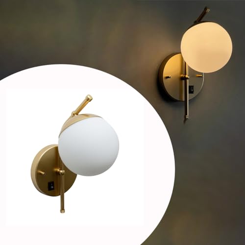 Arandela de Parede Moderna Inclinada Dourada Com Interruptor com Globo Vidro 12cm Para Decorar Casa e sala, Cama Cabeceira, Quarto, lavabo