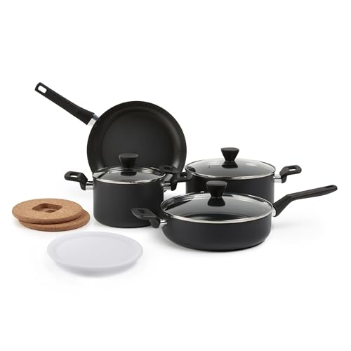 Amazon Basics 10-teiliges Keramik-Antihaft-Kochgeschirr-Set, Stapelbar, Töpfe und Pfannen mit Deckeln, Spülmaschinenfest, Backofengeeignet bis 175°C,