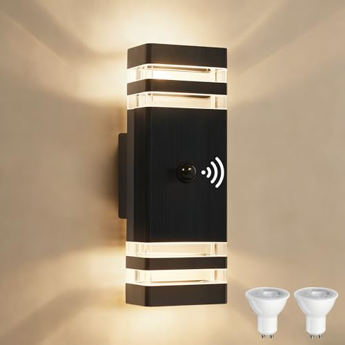 YOVGQOLV PIR Outdoor Wall Lights with Motion Sensor, IP54 Waterproof Up Down Outside Light Mains Powered Square Front Door Porch Light Exterior Sconce Lamp Included 2x5w 3000K GU10 Bulb, Black