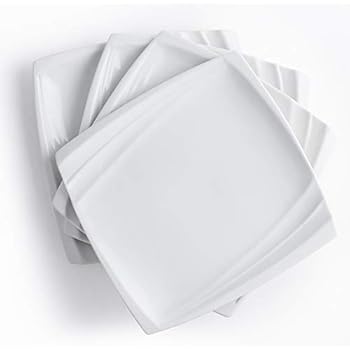 10 Inch Square Dinner Plates White Set of 4 Modern Lunch Serving Plate Xufeng (Wave Design)