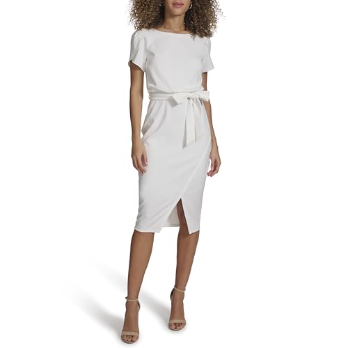 Kensie Women’s Short Sleeve Tie Waist Midi Dress, Pearl, 14
