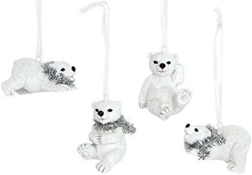 Chichi Gifts Gisela Graham Set of 4 Resin Baby Polar Bear with Silver Tinsel Scarf Hanging Christmas Tree Decoration Ornament Bauble