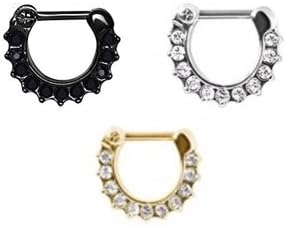 Multi Gems 16Ga Septum Clicker Nose Ring Silver Tone, Gold Tone, or Black Tone (Black Color 1PC)