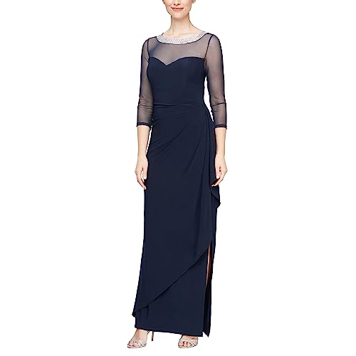 Alex Evenings Womens Long Shift Illusion Neckline (Petite and Regular) Special Occasion Dress, Navy Sweetheart, 18 US