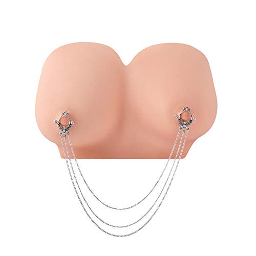 Painful Pleasures 14g 18mm Stainless Steel Nipple Barbells with Triple Chained Nipple Shields - Burnished Silver-Cast Brass Laurel Shield Design with Crystal Jewel