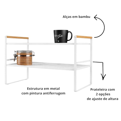 Prateleira Organizadora de Cozinha 2 Andares 33x33x20cm | Organizador de Armário Aramado em Metal Resistente com Cabo de Madeira Antiferrugem para Louças e Utensílios (Branco)