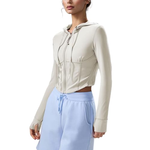 altiland Workout Corset Full Zip Jacket for Women - Hooded Athletic Running Yoga Crop Top(Bone,S) at Amazon