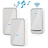 Wireless Doorbell,Waterproof Door Chime Kit,1 Remote Buttons and 2 Receiver Operating at Over 1000-Feet Range,45 Different Music and LED Prompt Lights,Easy Setup for Home, Office and School