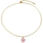 Kokoma Pink Four Leaf Clover Pendant Necklace for Women Cubic Zirconia Floral Link Chain Adjustable Choker Fashion Jewelry for St. Patrick's Day