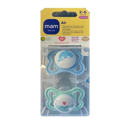 MAM Air S228 Pacifier - Shield with extra large holes for Sensitive Skin, Silicone, 0+ months old, Blue (2 units)