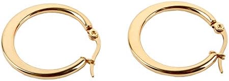 Small Cute Simple Style Women’s Circle Round Hoop Huggie Loop Stainless Steel Earrings (Gold Tone, Multi-Style) (Flat Style - 26mm)