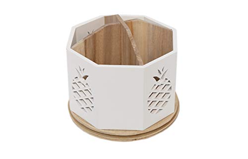 Spinning Desktop Stationary Organizer - Decorative Wooden Rotating Pen and Pencil Cup - 4 Compartment White Desk and Table Top Office Supplies Station with Pineapple Cutout - by Designstyles