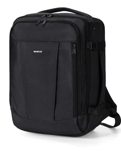 ECOHUB Ryanair Travel Backpack 40 x 30 x 20 cm 13 Pockets Hand Luggage Under the Seat Handle Eco Friendly Airplane Bag in Recycled PET 24 Litres, Patented (Black)