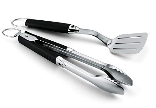 Weber Premium Grill Tool Set - Compact, 2-piece Made of Stainless Steel, consisting of Grill Tongs (38cm) and Turner (35cm), with Practical Handles, Dishwasher Safe - Silver (6645)