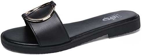 Women's Casual Open Toes Fashion Leather Cowhide Metal Decoration Flat Slides Sandals(Black US 5)