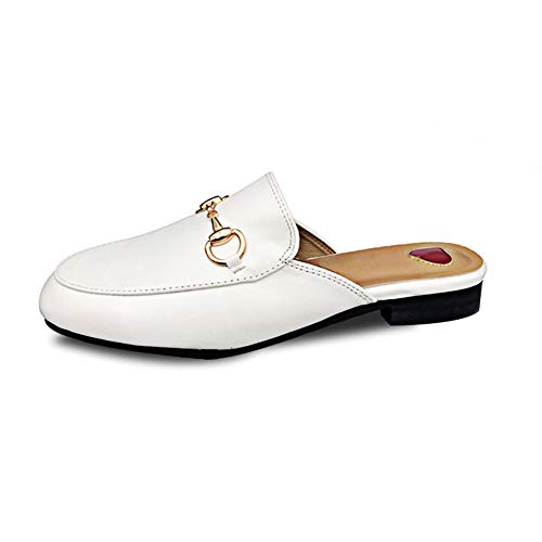 GEEDIAR Leather Mules Women Shoes Mules Flats Shoes and Slides Backless Loafer Slip-on Slippers with Embroidery and Buckle White Size 8.5