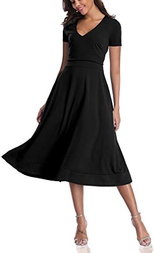 CHUNNA Womens Half Sleeve V-Neck High Waist Midi Dress with Pockets