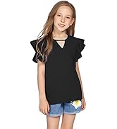 Greatchy Girls Shirts Short Sleeve Tee Ruffle Solid Summer Keyhole Neck Cotton Blouse Tops
