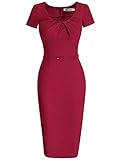 MUXXN Women's Classy Cap Sleeve Belt Waist Bridesmaid Bodycon Dress (M Burgundy)