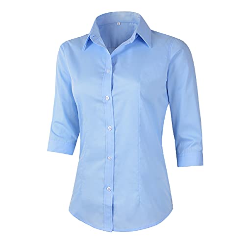 Benibos Women's 3/4 Sleeve Formal Work Wear White Button Down Shirt (226 Light Blue S)