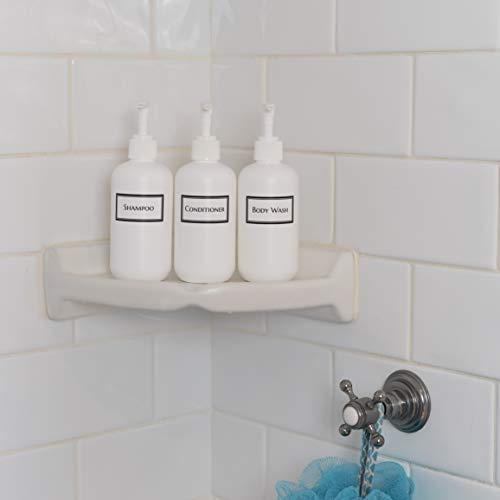 Artanis Home Silkscreened Empty Small Shower Bottle Set for Shampoo, Conditioner, and Body Wash, 8 oz 3-Pack, White (White Pumps) - Thumbnail 2