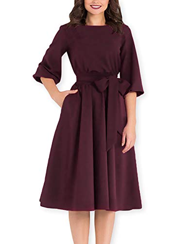AOOKSMERYWomen Elegance Audrey Hepburn Style Round Neck 3/4 Puff Sleeve Swing Midi Dress Long Belt Dresses with Pockets