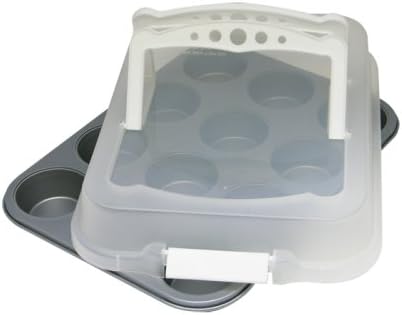 G & S Metal Products Company Ovenstuff Nonstick Muffin Bakeware Pan with Lid Cover With Handles, 12-Cup, White