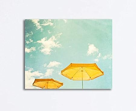 Chuanghe3943 Canvas Print Canvas Art Wrap Beach Umbrella Photography Mint Green Yellow Turquoise Aqua Sky Coastal Gallery Seashore Sunny Day Bedroom Bathroom Decoration Wall Art Wall Decor Amazon Co Uk Kitchen Home
