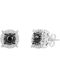 Color Diamond Halo Stud Earrings for Women in Sterling Silver (Color I-J/Clarity I2-I3)